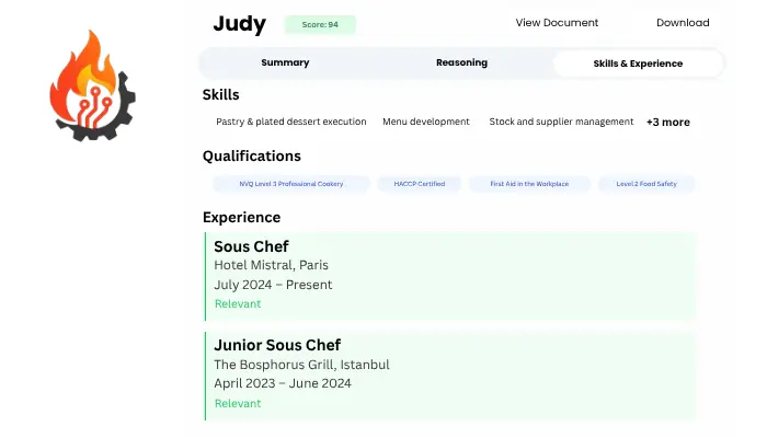 Hire Forge AI CV scoring interface